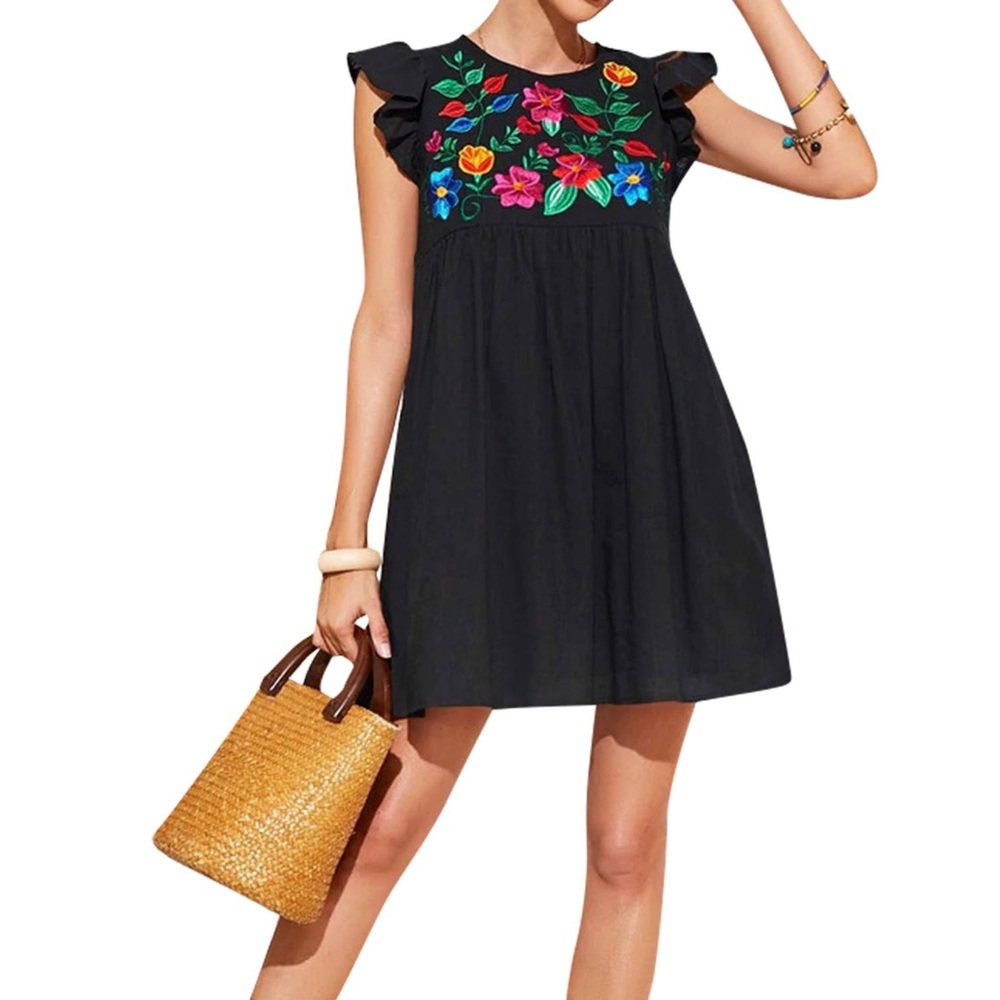 Shein Floral Embroidered Black Mini Dress